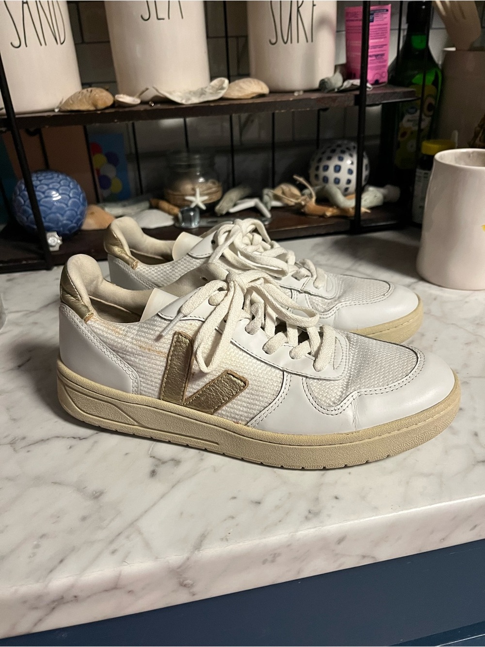 Veja Women's White Sneakers with Gold V Logo size 9